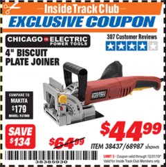 Harbor Freight ITC Coupon 4" BISCUIT PLATE JOINER Lot No. 38437/68987 Expired: 12/31/19 - $44.99