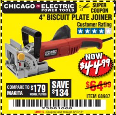 Harbor Freight Coupon 4" BISCUIT PLATE JOINER Lot No. 38437/68987 Expired: 8/10/18 - $44.99