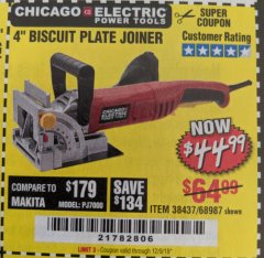 Harbor Freight Coupon 4" BISCUIT PLATE JOINER Lot No. 38437/68987 Expired: 12/9/19 - $44.99