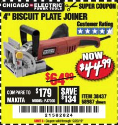 Harbor Freight Coupon 4" BISCUIT PLATE JOINER Lot No. 38437/68987 Expired: 12/20/19 - $44.99
