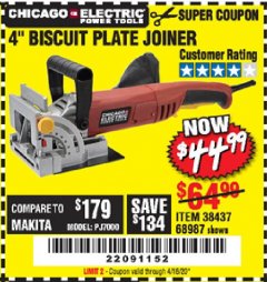 Harbor Freight Coupon 4" BISCUIT PLATE JOINER Lot No. 38437/68987 Expired: 3/31/20 - $44.99