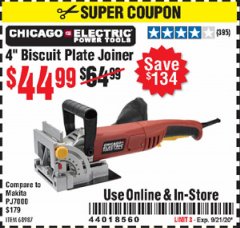 Harbor Freight Coupon 4" BISCUIT PLATE JOINER Lot No. 38437/68987 Expired: 9/21/20 - $44.99