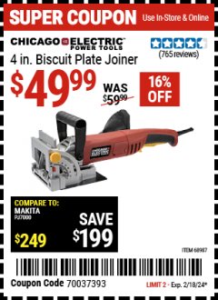 Harbor Freight Coupon 4" BISCUIT PLATE JOINER Lot No. 38437/68987 Expired: 2/18/24 - $49.99