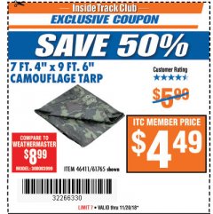 Harbor Freight ITC Coupon 7'4"X9'6" CAMOUFLAGE TARP Lot No. 61765/46411 Expired: 11/20/18 - $4.49