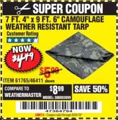Harbor Freight Coupon 7'4"X9'6" CAMOUFLAGE TARP Lot No. 61765/46411 Expired: 8/24/18 - $4.49