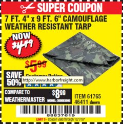 Harbor Freight Coupon 7'4"X9'6" CAMOUFLAGE TARP Lot No. 61765/46411 Expired: 12/1/18 - $4.49