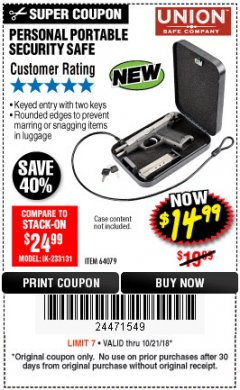 Harbor Freight Coupon PERSONAL PORTABLE SECURITY SAFE Lot No. 64079 Expired: 10/21/18 - $14.99