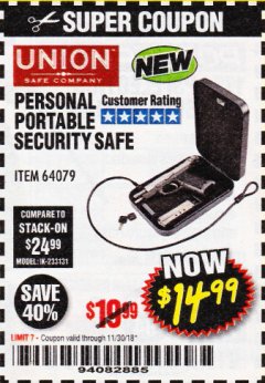 Harbor Freight Coupon PERSONAL PORTABLE SECURITY SAFE Lot No. 64079 Expired: 11/30/18 - $14.99