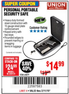 Harbor Freight Coupon PERSONAL PORTABLE SECURITY SAFE Lot No. 64079 Expired: 2/11/19 - $14.99
