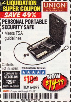 Harbor Freight Coupon PERSONAL PORTABLE SECURITY SAFE Lot No. 64079 Expired: 5/31/19 - $14.99
