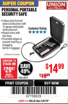 Harbor Freight Coupon PERSONAL PORTABLE SECURITY SAFE Lot No. 64079 Expired: 5/6/19 - $14.99