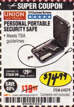 Harbor Freight Coupon PERSONAL PORTABLE SECURITY SAFE Lot No. 64079 Expired: 6/30/19 - $14.99