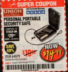 Harbor Freight Coupon PERSONAL PORTABLE SECURITY SAFE Lot No. 64079 Expired: 7/31/19 - $14.99