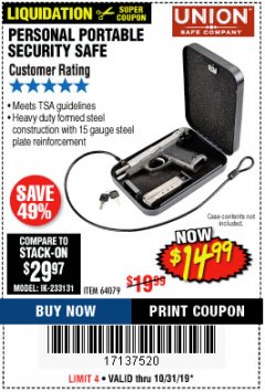 Harbor Freight Coupon PERSONAL PORTABLE SECURITY SAFE Lot No. 64079 Expired: 10/31/19 - $14.99