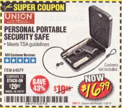 Harbor Freight Coupon PERSONAL PORTABLE SECURITY SAFE Lot No. 64079 Expired: 11/30/19 - $16.99