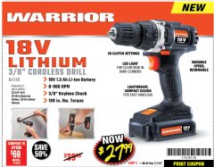 Harbor Freight Coupon WARRIOR 18V LITHIUM 3/8" CORDLESS DRILL Lot No. 64118 Expired: 7/1/18 - $27.99