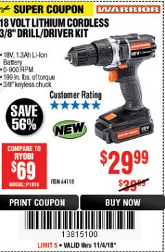 Harbor Freight Coupon WARRIOR 18V LITHIUM 3/8" CORDLESS DRILL Lot No. 64118 Expired: 11/4/18 - $29.99
