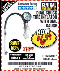Harbor Freight Coupon DUAL CHUCK TIRE INFLATOR WITH DIAL GAUGE Lot No. 68271/61387 Expired: 11/2/19 - $6.99