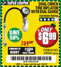 Harbor Freight Coupon DUAL CHUCK TIRE INFLATOR WITH DIAL GAUGE Lot No. 68271/61387 Expired: 1/25/20 - $6.99
