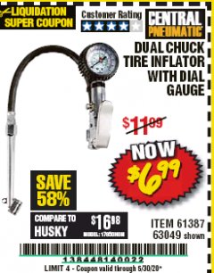 Harbor Freight Coupon DUAL CHUCK TIRE INFLATOR WITH DIAL GAUGE Lot No. 68271/61387 Expired: 6/30/20 - $6.99
