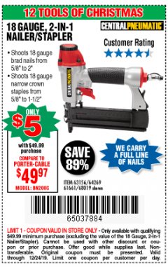 Harbor Freight Coupon 18 GAUGE 2-IN-1 NAILER/STAPLER Lot No. 68019/61661/63156 Expired: 12/24/19 - $5