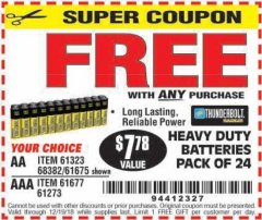 Harbor Freight FREE Coupon 24 PACK HEAVY DUTY BATTERIES Lot No. 61675/68382/61323/61677/68377/61273 Expired: 12/19/18 - FWP