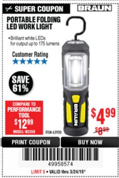 Harbor Freight Coupon PORTABLE FOLDING LED WORK LIGHT Lot No. 63930 Expired: 3/24/19 - $4.99