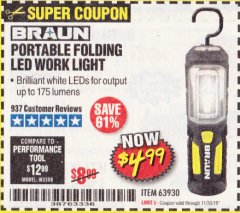 Harbor Freight Coupon PORTABLE FOLDING LED WORK LIGHT Lot No. 63930 Expired: 11/30/19 - $4.99