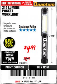 Harbor Freight Coupon 215 LUMENS POCKET WORK LIGHT Lot No. 63935 Expired: 12/31/18 - $4.99