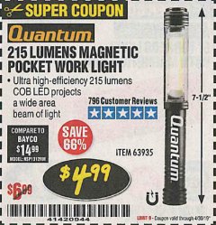 Harbor Freight Coupon 215 LUMENS POCKET WORK LIGHT Lot No. 63935 Expired: 4/30/19 - $4.99