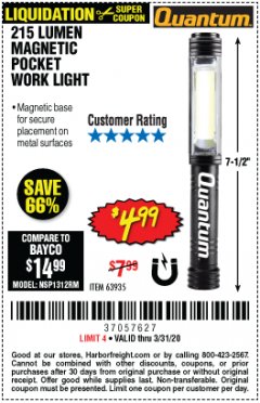 Harbor Freight Coupon 215 LUMENS POCKET WORK LIGHT Lot No. 63935 Expired: 3/31/20 - $4.99