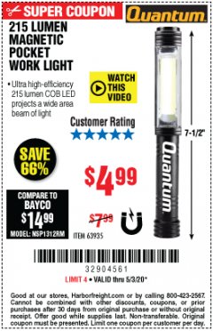 Harbor Freight Coupon 215 LUMENS POCKET WORK LIGHT Lot No. 63935 Expired: 6/30/20 - $4.99