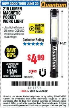 Harbor Freight Coupon 215 LUMENS POCKET WORK LIGHT Lot No. 63935 Expired: 6/30/20 - $4.99