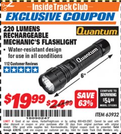 Harbor Freight ITC Coupon 220 LUMENS RECHARGEABLE MECHANIC'S FLASHLIGHT Lot No. 63932 Expired: 4/30/19 - $19.99