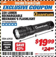 Harbor Freight ITC Coupon 220 LUMENS RECHARGEABLE MECHANIC'S FLASHLIGHT Lot No. 63932 Expired: 12/31/19 - $19.99