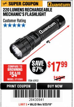 Harbor Freight Coupon 220 LUMENS RECHARGEABLE MECHANIC'S FLASHLIGHT Lot No. 63932 Expired: 9/23/18 - $17.99