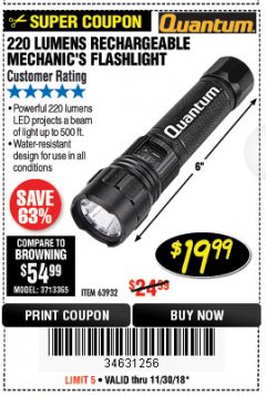 Harbor Freight Coupon 220 LUMENS RECHARGEABLE MECHANIC'S FLASHLIGHT Lot No. 63932 Expired: 11/30/18 - $19.99