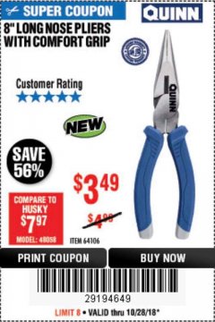 Harbor Freight Coupon 8" LONG NOSE PLIERS WITH TPR GRIP Lot No. 64106 Expired: 10/28/18 - $3.49