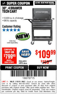 Harbor Freight ITC Coupon 30", 4 DRAWER TECH CART Lot No. 64818/56391/56387/56386/56392/56394/56393/64096 Expired: 1/10/19 - $109.99