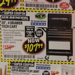 Harbor Freight Coupon 30", 4 DRAWER TECH CART Lot No. 64818/56391/56387/56386/56392/56394/56393/64096 Expired: 11/30/18 - $107.99
