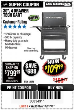 Harbor Freight Coupon 30", 4 DRAWER TECH CART Lot No. 64818/56391/56387/56386/56392/56394/56393/64096 Expired: 10/31/18 - $109.99