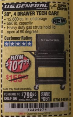 Harbor Freight Coupon 30", 4 DRAWER TECH CART Lot No. 64818/56391/56387/56386/56392/56394/56393/64096 Expired: 2/5/19 - $107.99