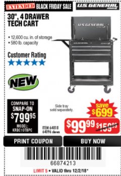 Harbor Freight Coupon 30", 4 DRAWER TECH CART Lot No. 64818/56391/56387/56386/56392/56394/56393/64096 Expired: 12/2/18 - $99.99