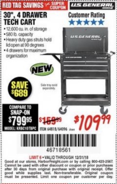 Harbor Freight Coupon 30", 4 DRAWER TECH CART Lot No. 64818/56391/56387/56386/56392/56394/56393/64096 Expired: 12/31/18 - $109.99