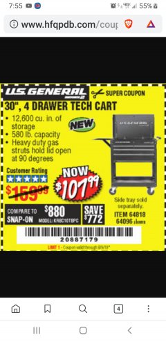 Harbor Freight Coupon 30", 4 DRAWER TECH CART Lot No. 64818/56391/56387/56386/56392/56394/56393/64096 Expired: 8/9/19 - $107.99