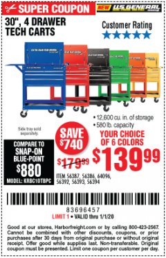 Harbor Freight Coupon 30", 4 DRAWER TECH CART Lot No. 64818/56391/56387/56386/56392/56394/56393/64096 Expired: 1/1/20 - $139.99