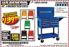 Harbor Freight Coupon 30", 4 DRAWER TECH CART Lot No. 64818/56391/56387/56386/56392/56394/56393/64096 Expired: 6/30/20 - $139.99