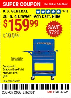 Harbor Freight Coupon 30", 4 DRAWER TECH CART Lot No. 64818/56391/56387/56386/56392/56394/56393/64096 Expired: 12/31/20 - $159.99