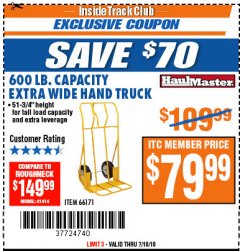 Harbor Freight ITC Coupon 600 LB CAPACITY EXTRA WIDE HAND TRUCK Lot No. 66171 Expired: 7/10/18 - $79.99