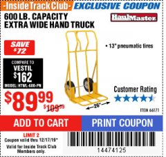 Harbor Freight ITC Coupon 600 LB CAPACITY EXTRA WIDE HAND TRUCK Lot No. 66171 Expired: 12/17/19 - $89.99